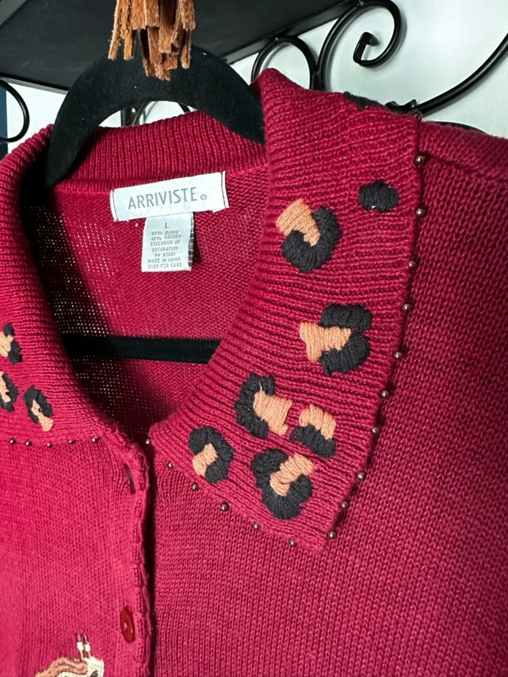 VTG Women's Burgundy Animal-Print Button Cardigan embroidered studded